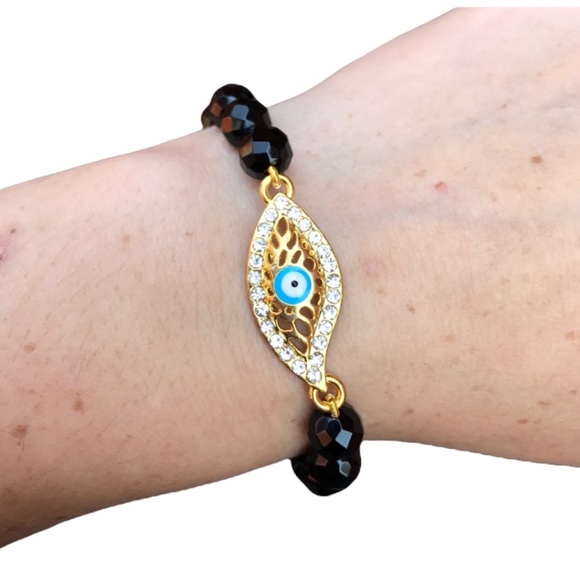 luckijewels Jewelry - Evil Eye black agate beaded stretch bracelet